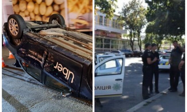 У Києві перекинулося таксі з пасажиркою, кадри ДТП: шматки металу розкидало навколо