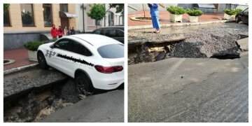 У Києві через сильну зливу з градом провалився асфальт, кадри: "Mercedes опинився в пастці"