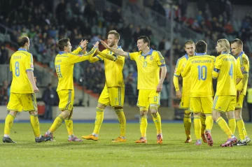 Ukraine’s players celebrate a goal against Luxembourg during their Euro 2016 qualification soc