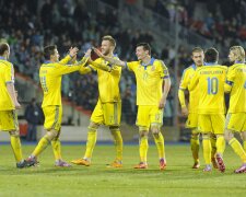 Ukraine’s players celebrate a goal against Luxembourg during their Euro 2016 qualification soc
