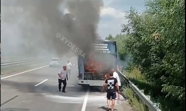 Автобус полный пассажиров загорелся  посреди трассы  Киев-Одесса: видео ЧП