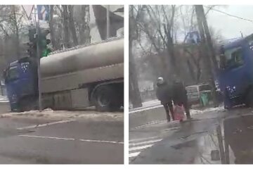 Прямо біля переходу з людьми: у Харкові вантажівка "потонула" в асфальті, моторошні кадри