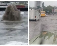 Появились кадры погодного коллапса в Одессе: улицы перекрыты, забили фонтаны грязи