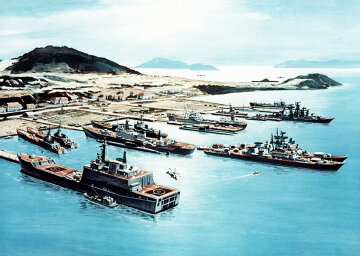 Artist's concept of Soviet ships in port at Cam Ranh Bay, Vietnam.  This base and its adjoining airfield enhance the Soviet's military capabilities in the Pacific, Southeast Asian and Indian Ocean regions.  From Soviet Military Power 1985.